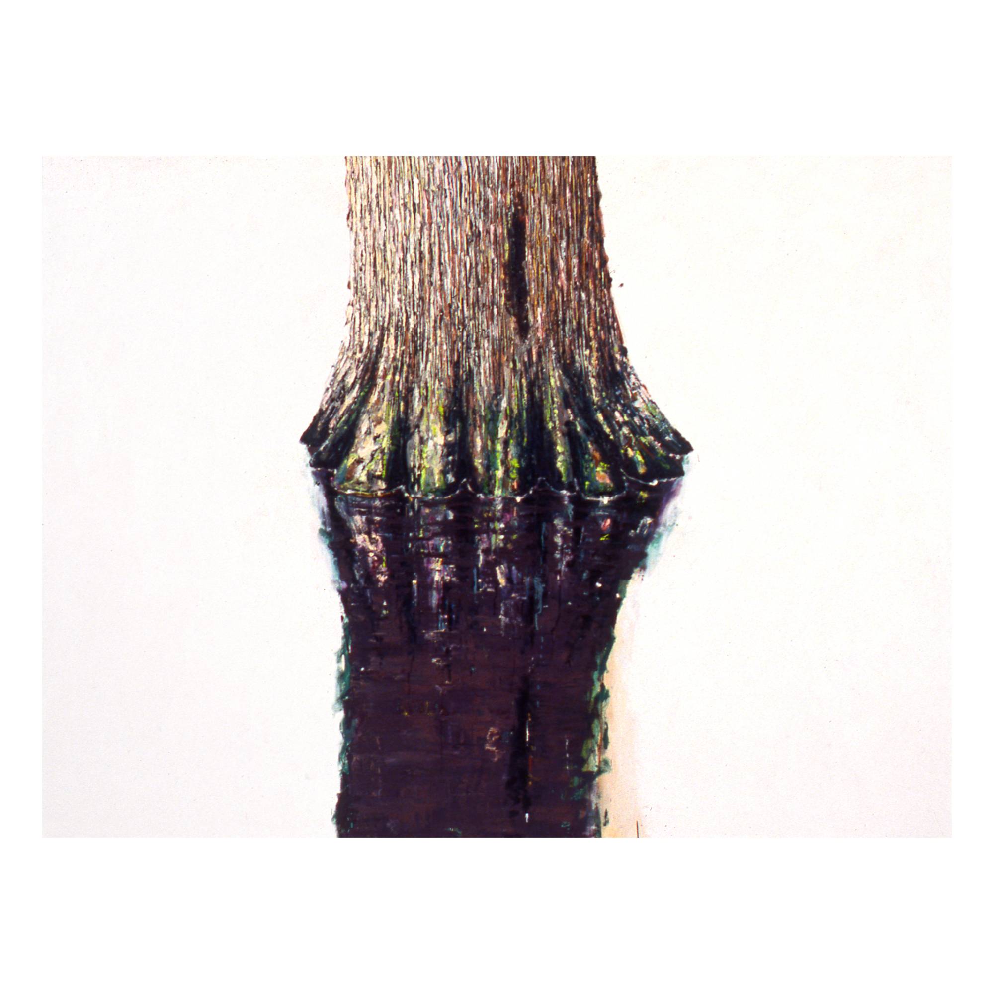 Painting by Vera Klement titled 'Narcisse #2' depicting the base of a tree trunk and it's reflection below floating on a white background